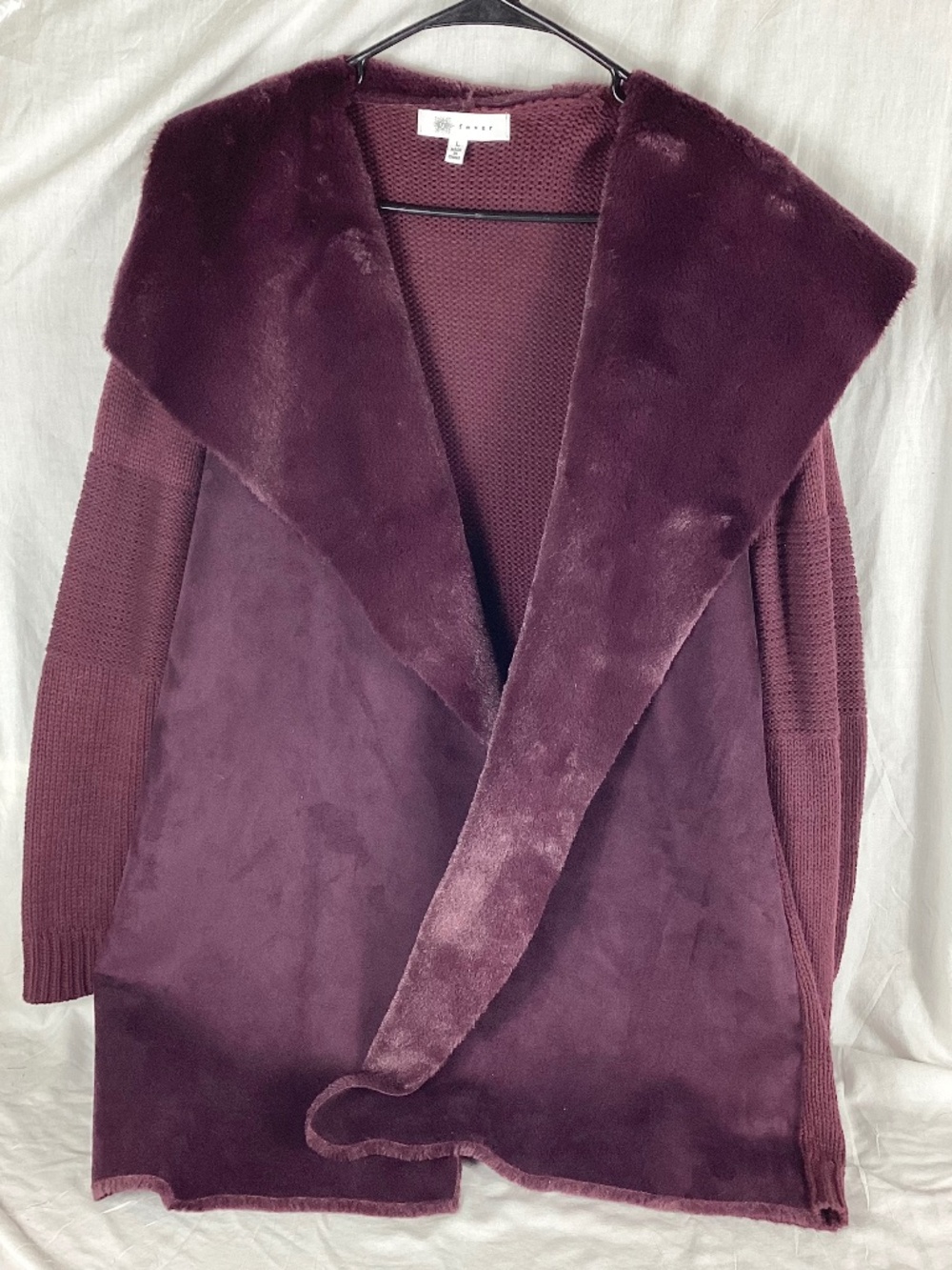 Fever Faux Suede Faux Fur Womens Sweater Jacket Size L Purple Long Sleeve Sherpa